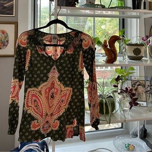 Women’s Lucky Brand 3/4 sleeve paisley business smart top casual beachy boho